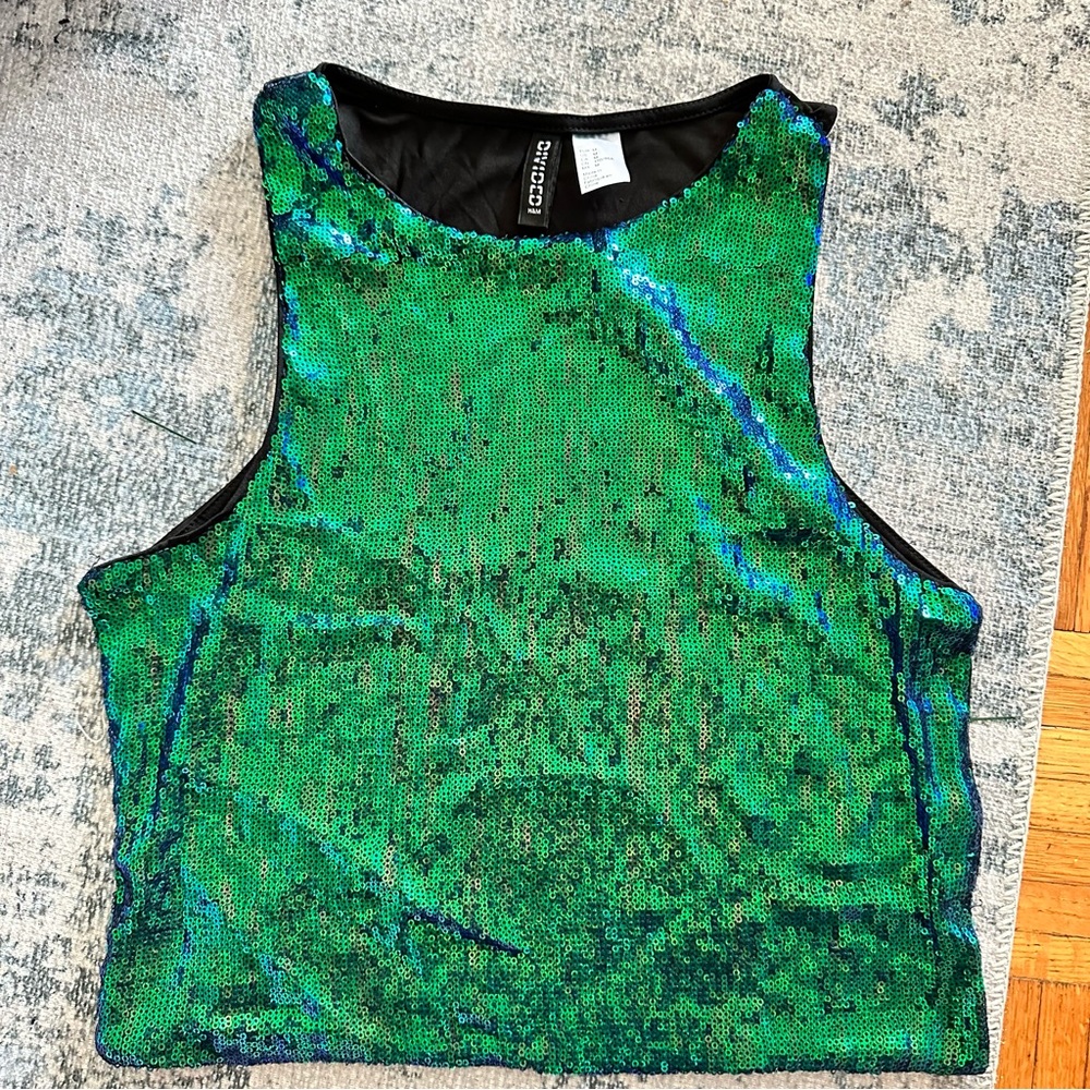 H&M Divided Green/Blue/Aqua Sequin sleeveless crop top MEDIUM